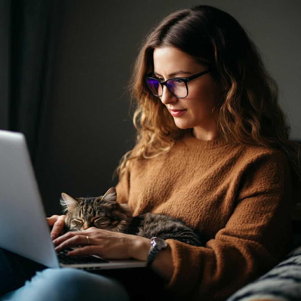 Young woman with glasses working on a laptop with a sleeping cat on her lap, sitting in a cozy indoor space